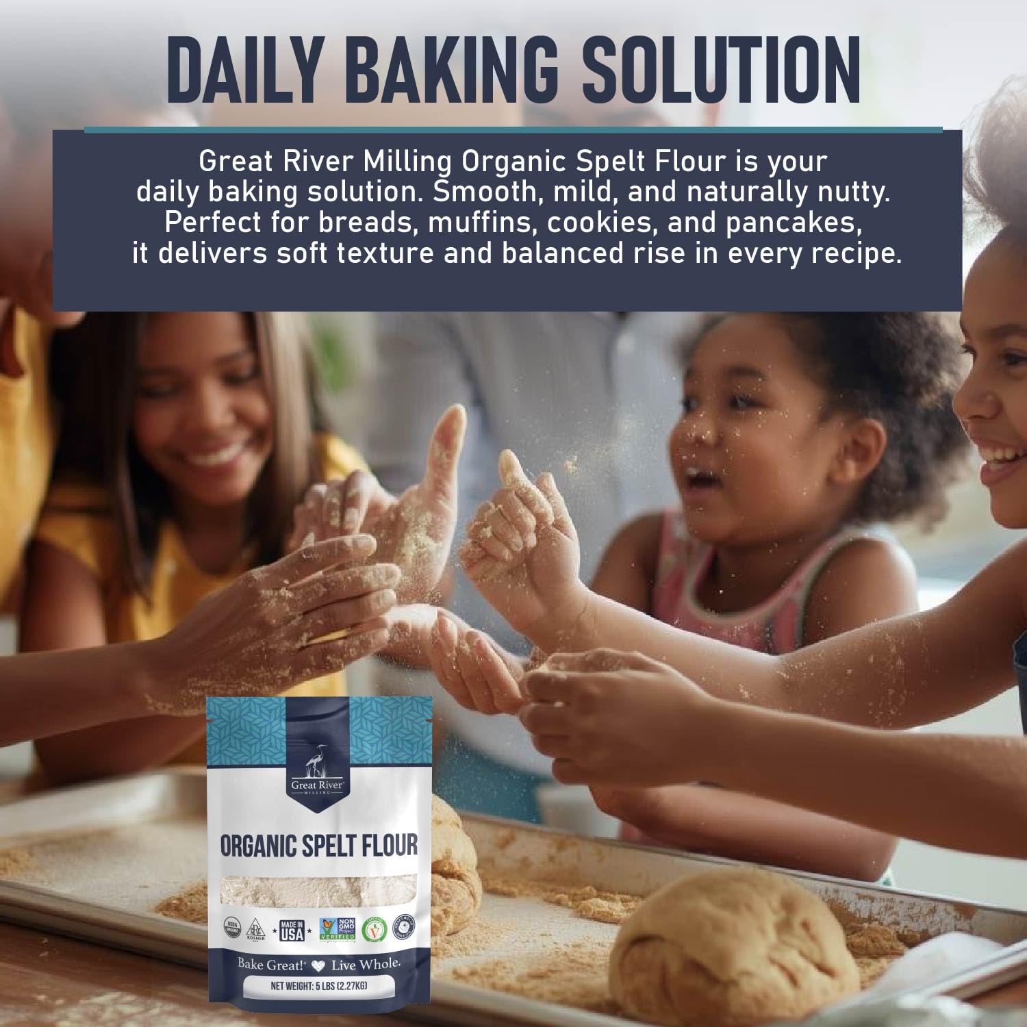 Great River Milling Organic Spelt Flour close-up showing hearty fiber