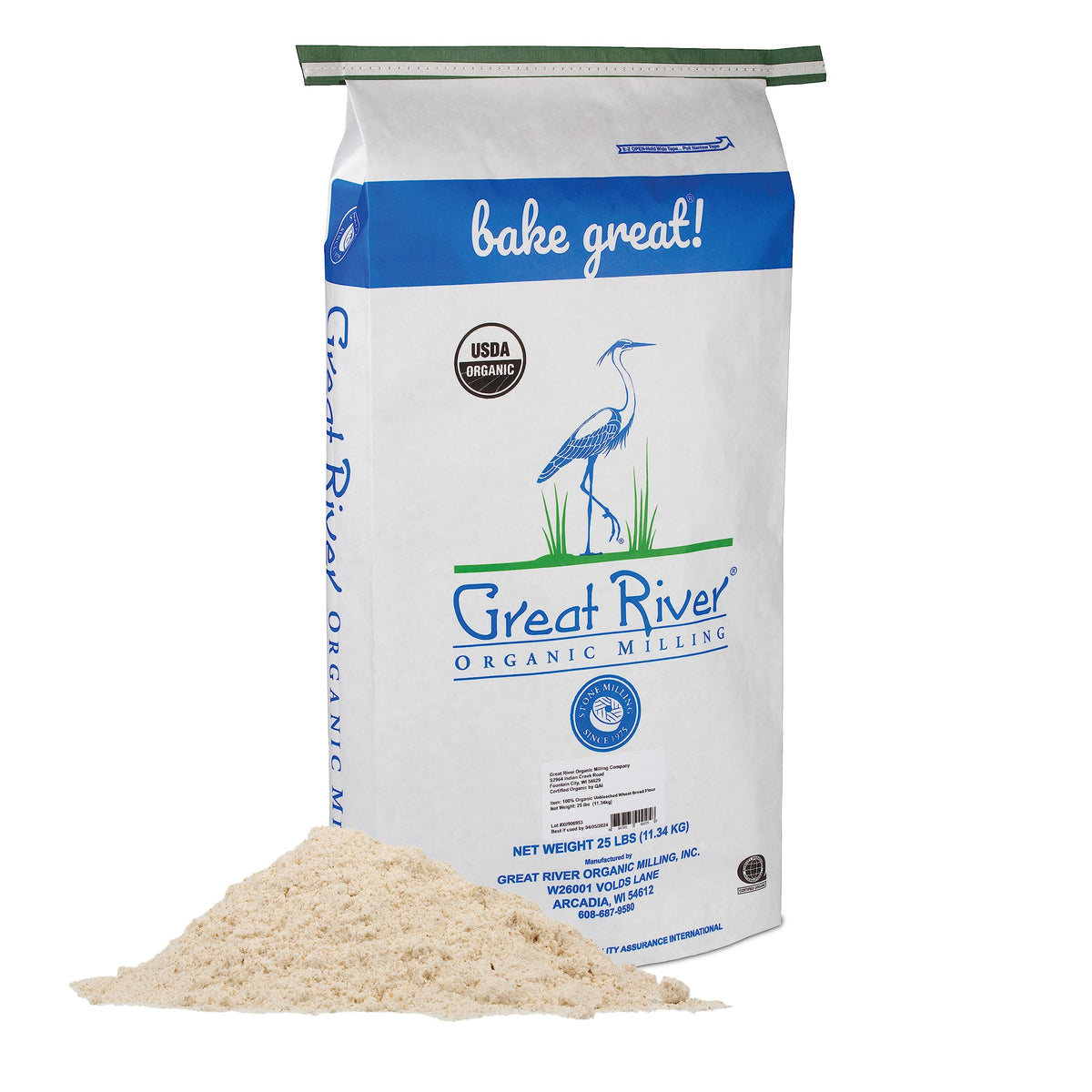 Great River Milling organic unbleached flour bag on shelf for clean baking results.