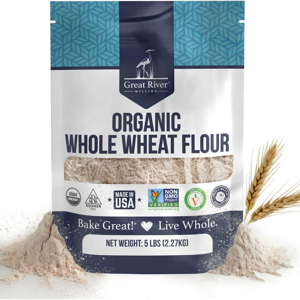 Great River Milling Organic Whole Wheat Flour bag highlighting clean-label, unbleached flour for bread baking
