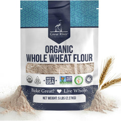 Great River Milling Organic Whole Wheat Flour bag highlighting clean-label, unbleached flour for bread baking