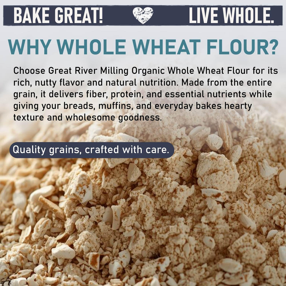 Great River Milling Organic Whole Wheat Flour on counter with dough illustrating strong gluten for loaves