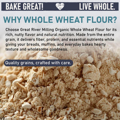 Great River Milling Organic Whole Wheat Flour on counter with dough illustrating strong gluten for loaves