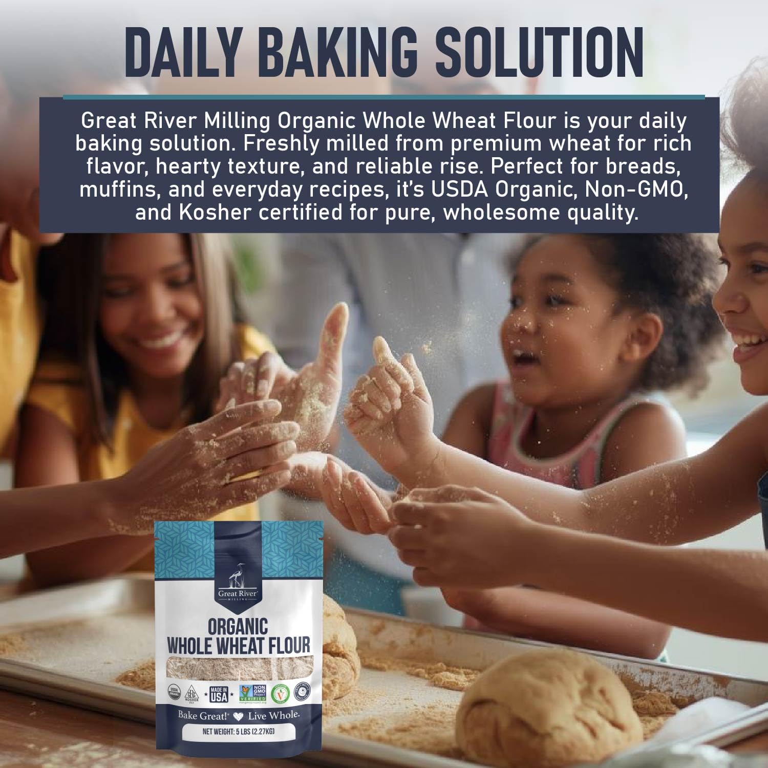 Great River Milling Organic Whole Wheat Flour on kitchen shelf signaling pantry-friendly 5 lb size
