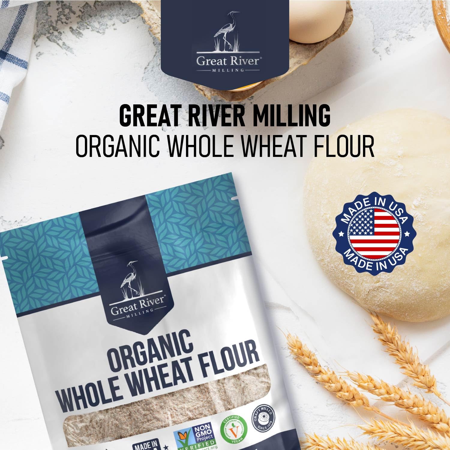 Great River Milling Organic Whole Wheat Flour sample demonstrating strong gluten for breads