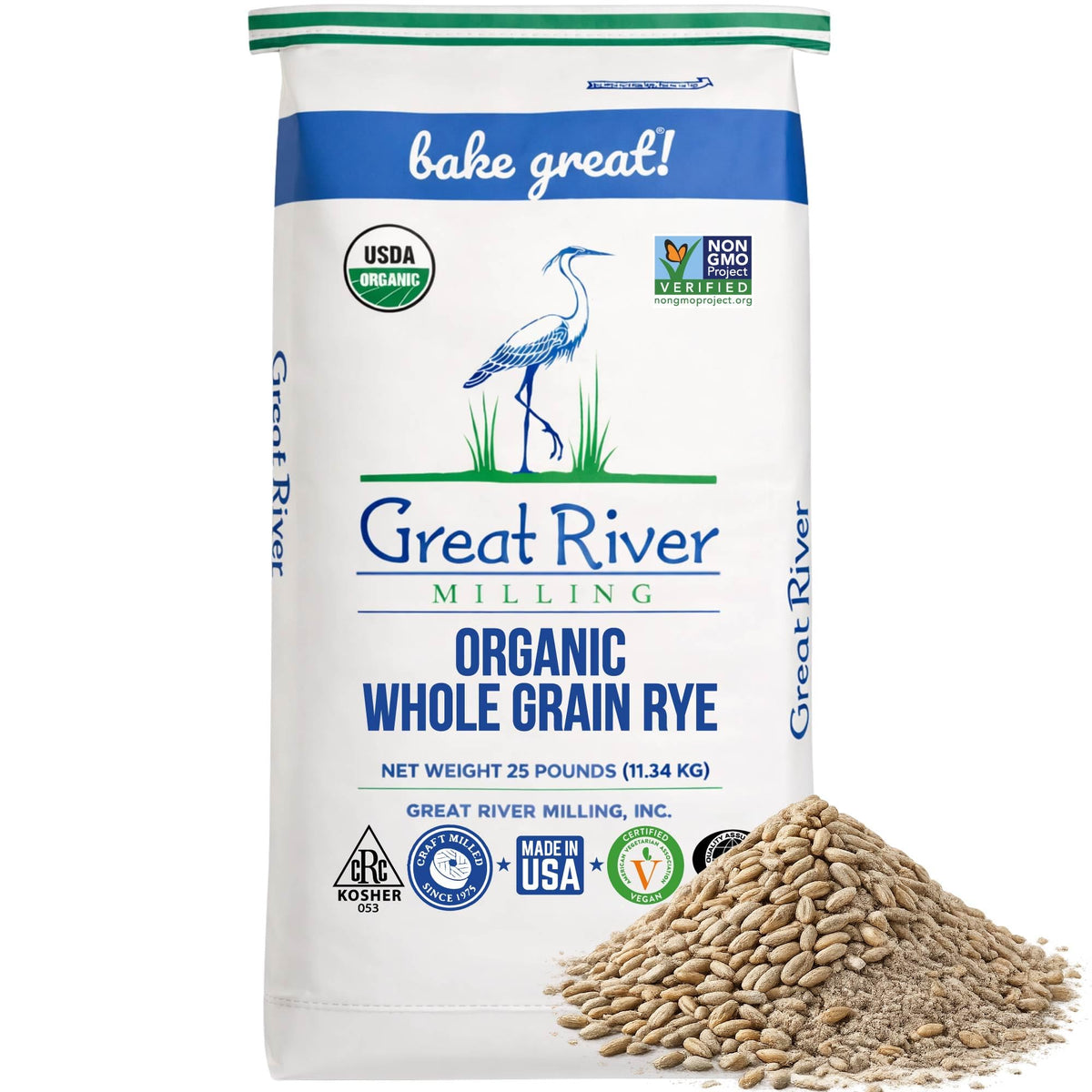 Great River Milling rye berries bulk bag for baking, sourdough, and hearty meals.