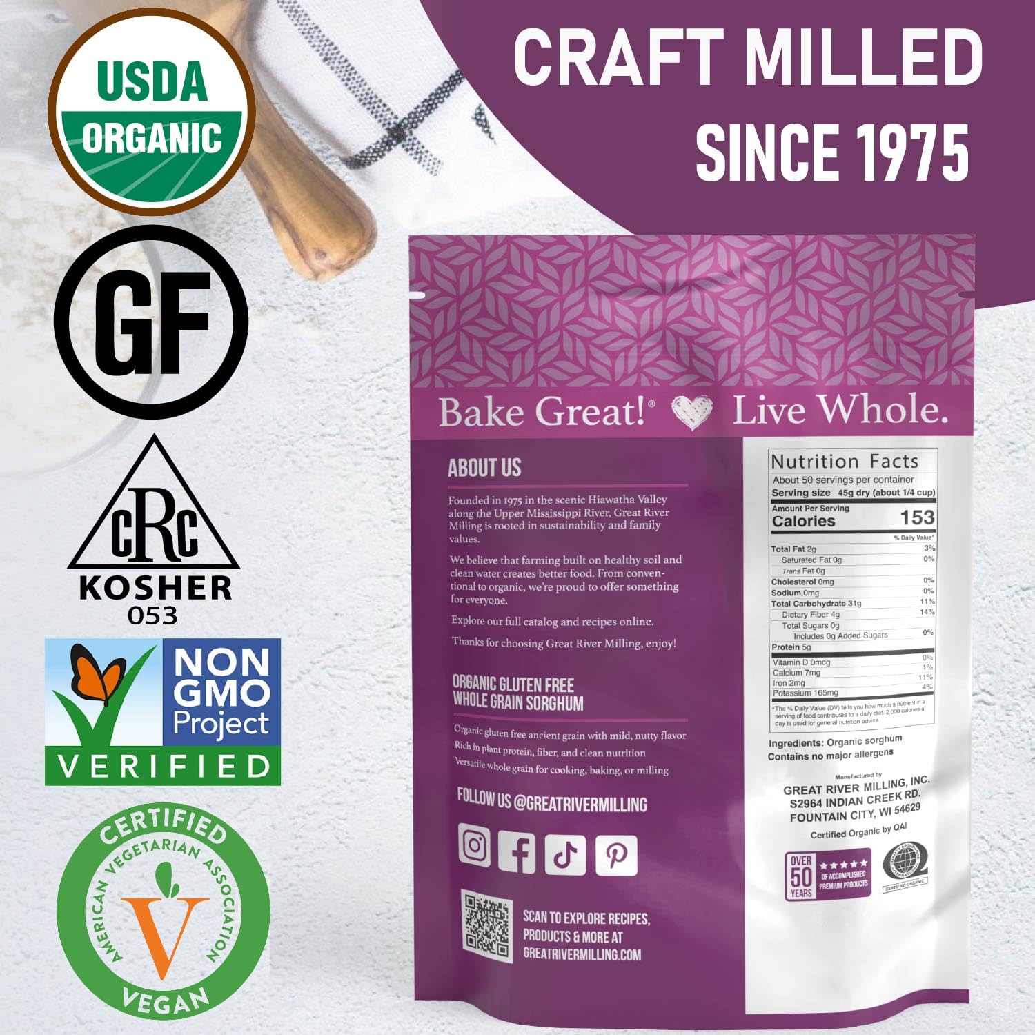 Great River Milling sorghum bag with non-GMO and kosher seals, transparent sourcing.