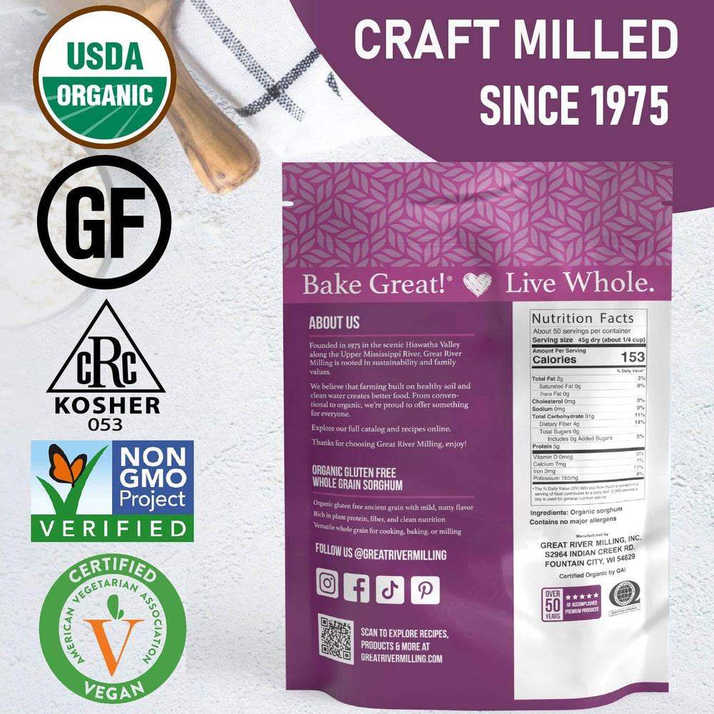 Great River Milling sorghum bag with non-GMO and kosher seals, transparent sourcing.