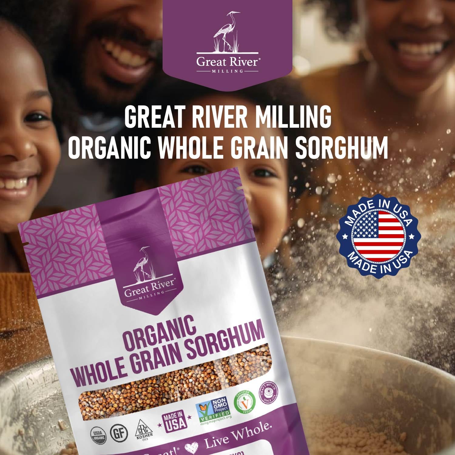 Great River Milling organic sorghum label, highlighting clean-label and organic certifications.