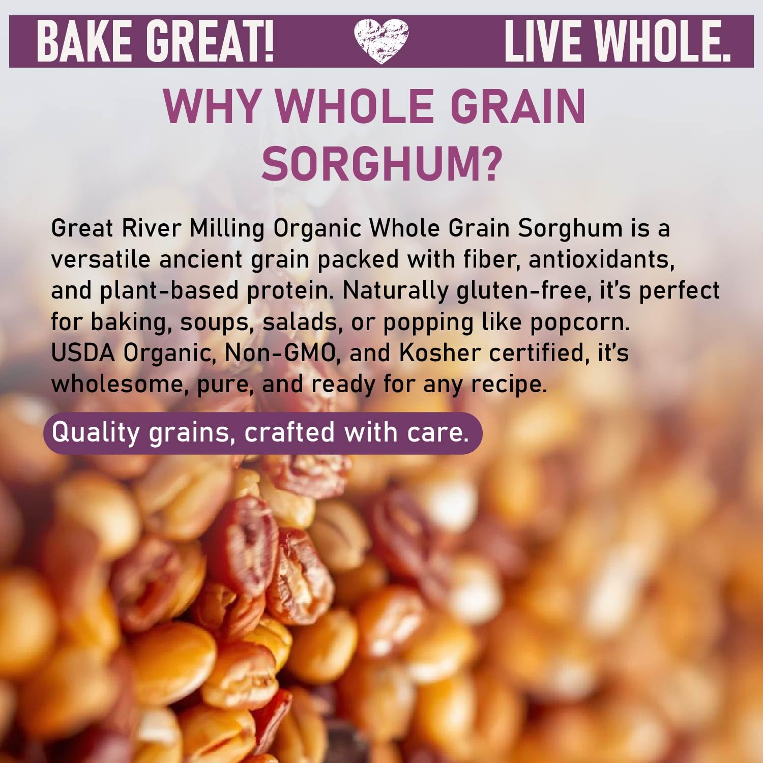 Great River Milling sorghum pantry bag on shelf, ideal for batch cooking and long-term storage.