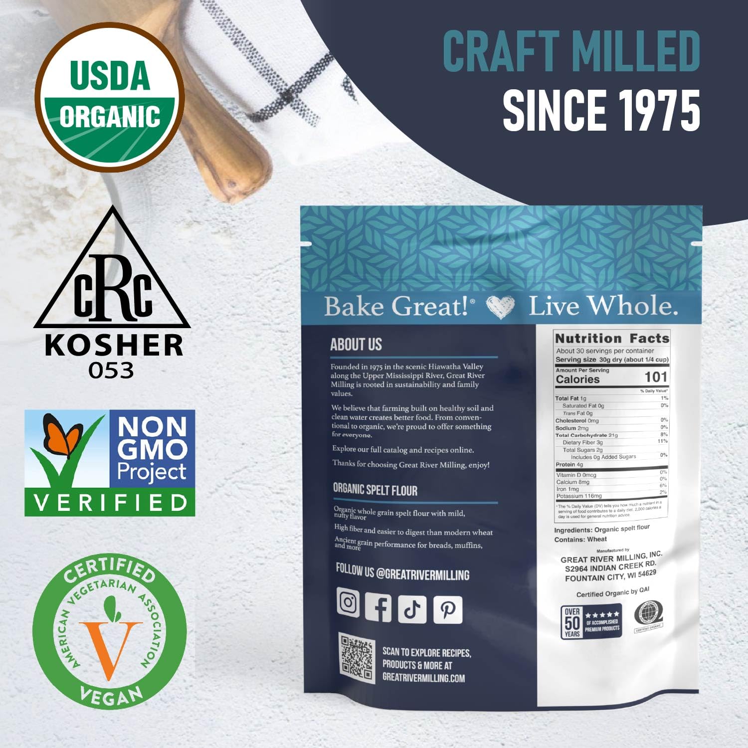 Great River Milling Spelt Flour kitchen scene with measuring tools.