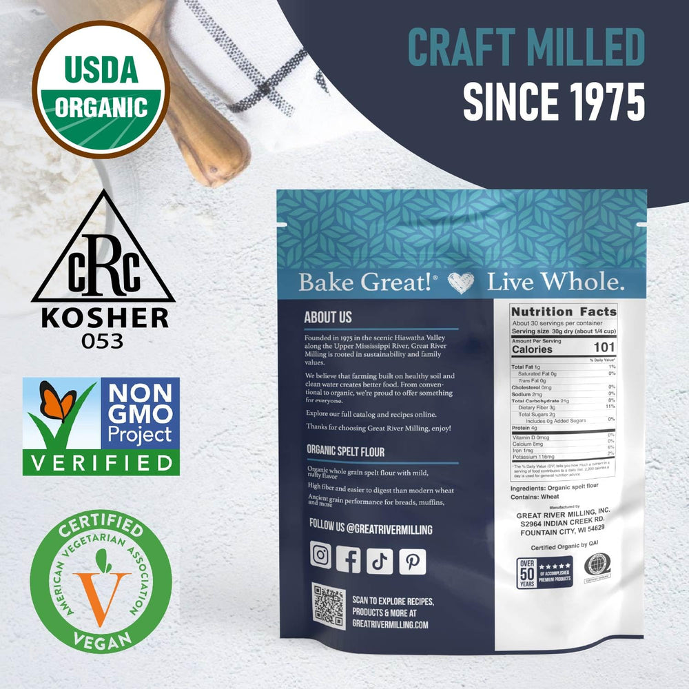 Great River Milling Spelt Flour kitchen scene with measuring tools.