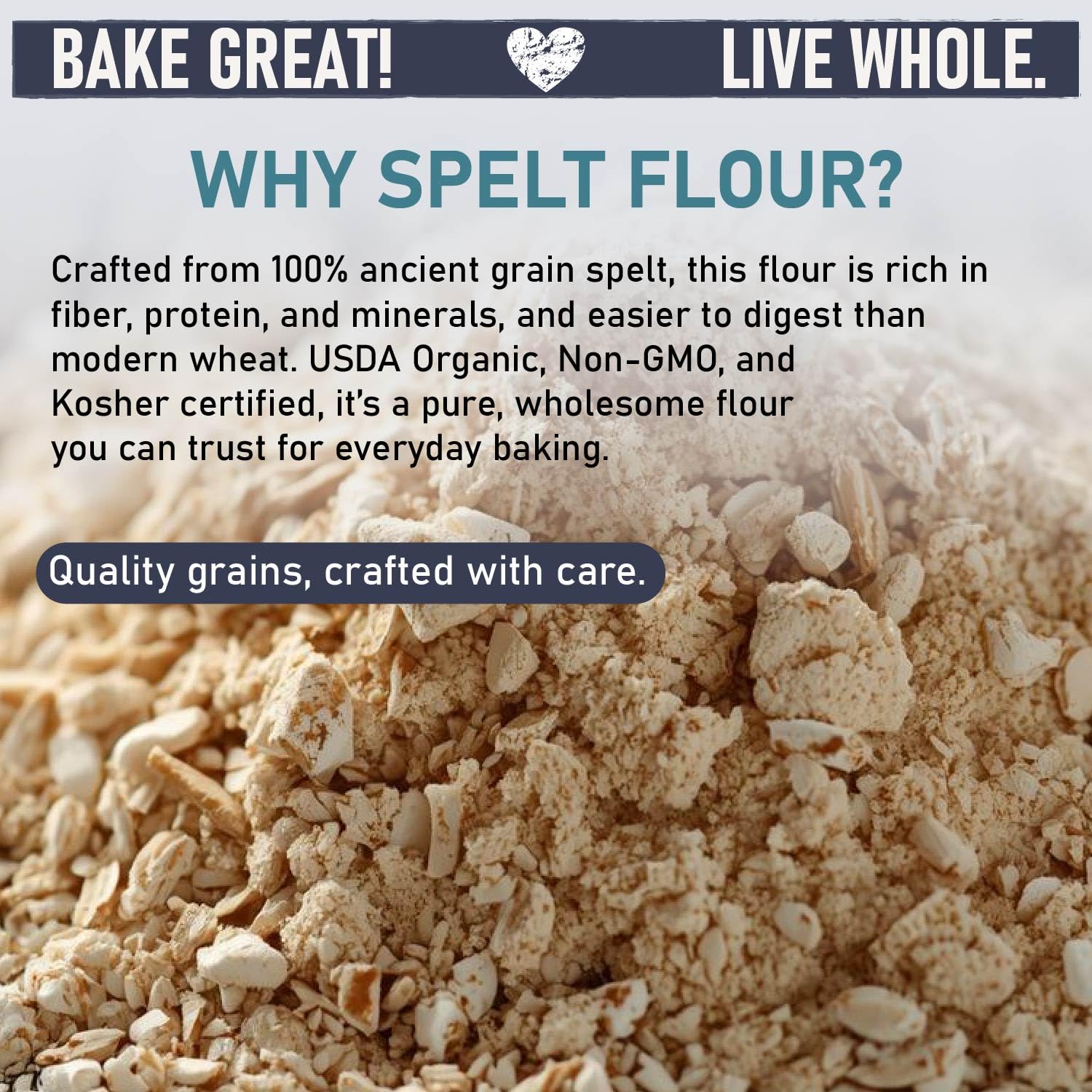 Close-up of Great River Milling Spelt Flour milled grain showing rich texture.
