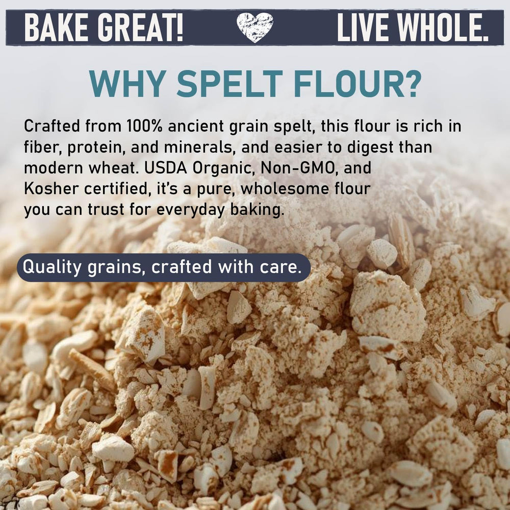 Close-up of Great River Milling Spelt Flour milled grain showing rich texture.