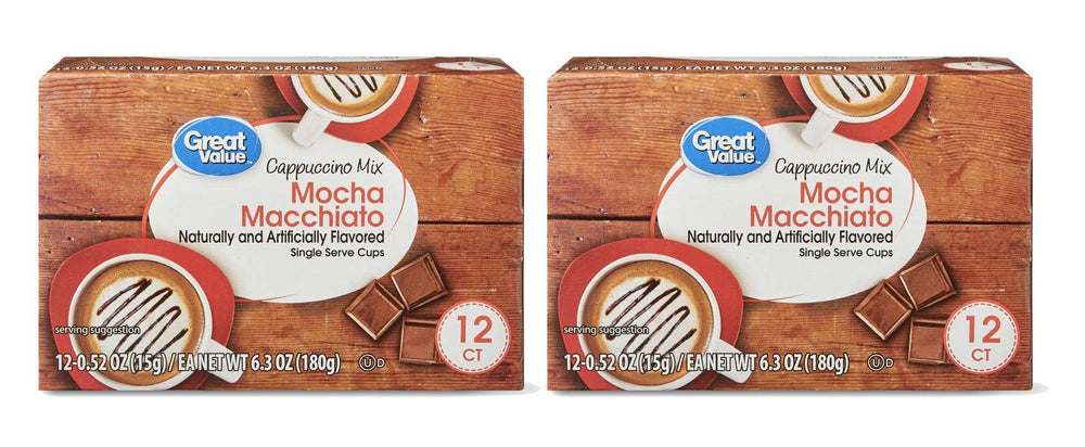 Great Value cappuccino pods Mocha Macchiato pack delivers rich crema and cafe aroma.