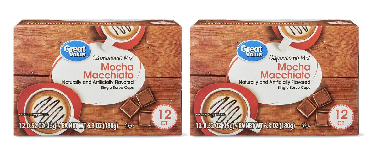 Great Value cappuccino pods Mocha Macchiato pack delivers rich crema and cafe aroma.