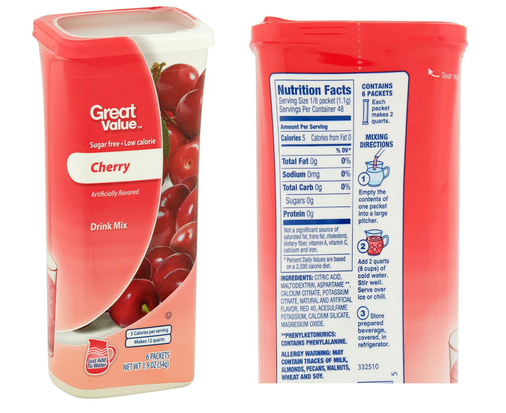 Great Value Drink Mix Cherry canister being poured into water for quick flavor.