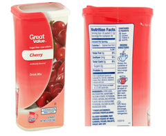Great Value Drink Mix Cherry canister being poured into water for quick flavor.