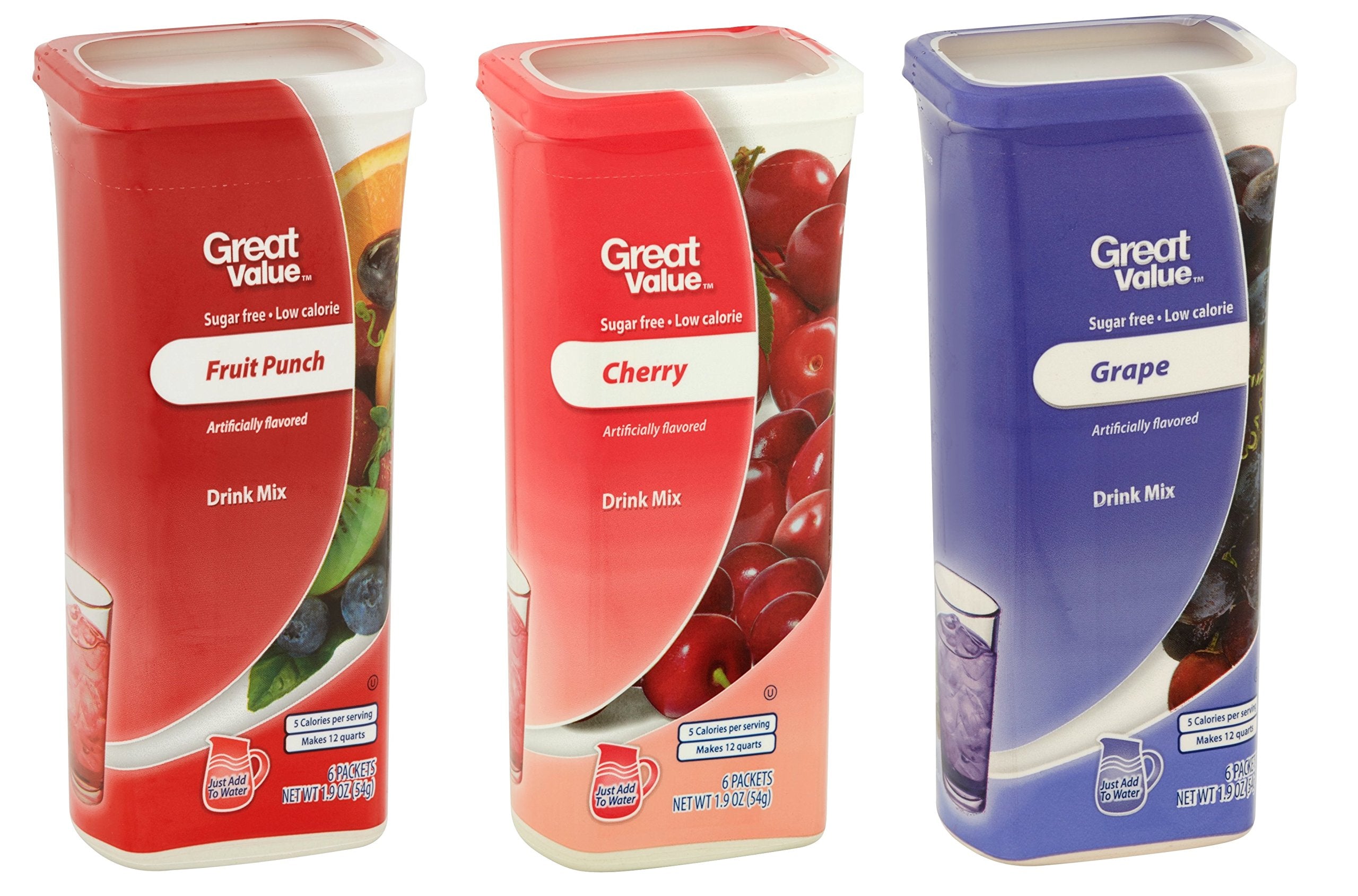 Great Value Drink Mix Fruit Punch canister on shelf showing sugar-free hydration option.