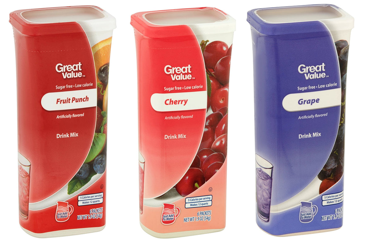 Great Value Drink Mix Fruit Punch canister on shelf showing sugar-free hydration option.