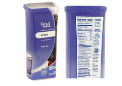 Great Value Drink Mix Grape canister beside glass as a low-calorie refreshment choice.