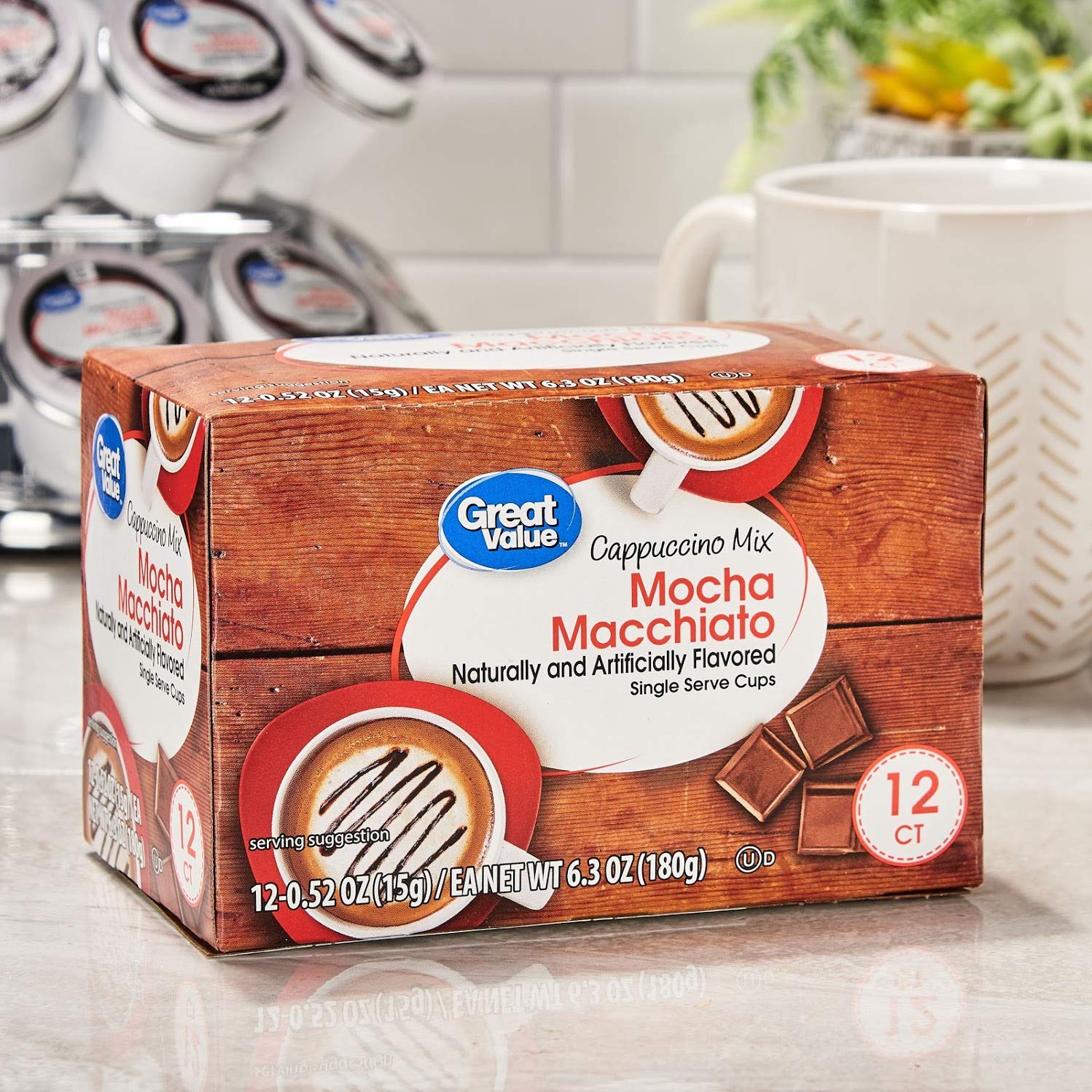 Great Value hot drink pods on the counter simplify busy mornings.