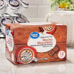 Great Value hot drink pods on the counter simplify busy mornings.
