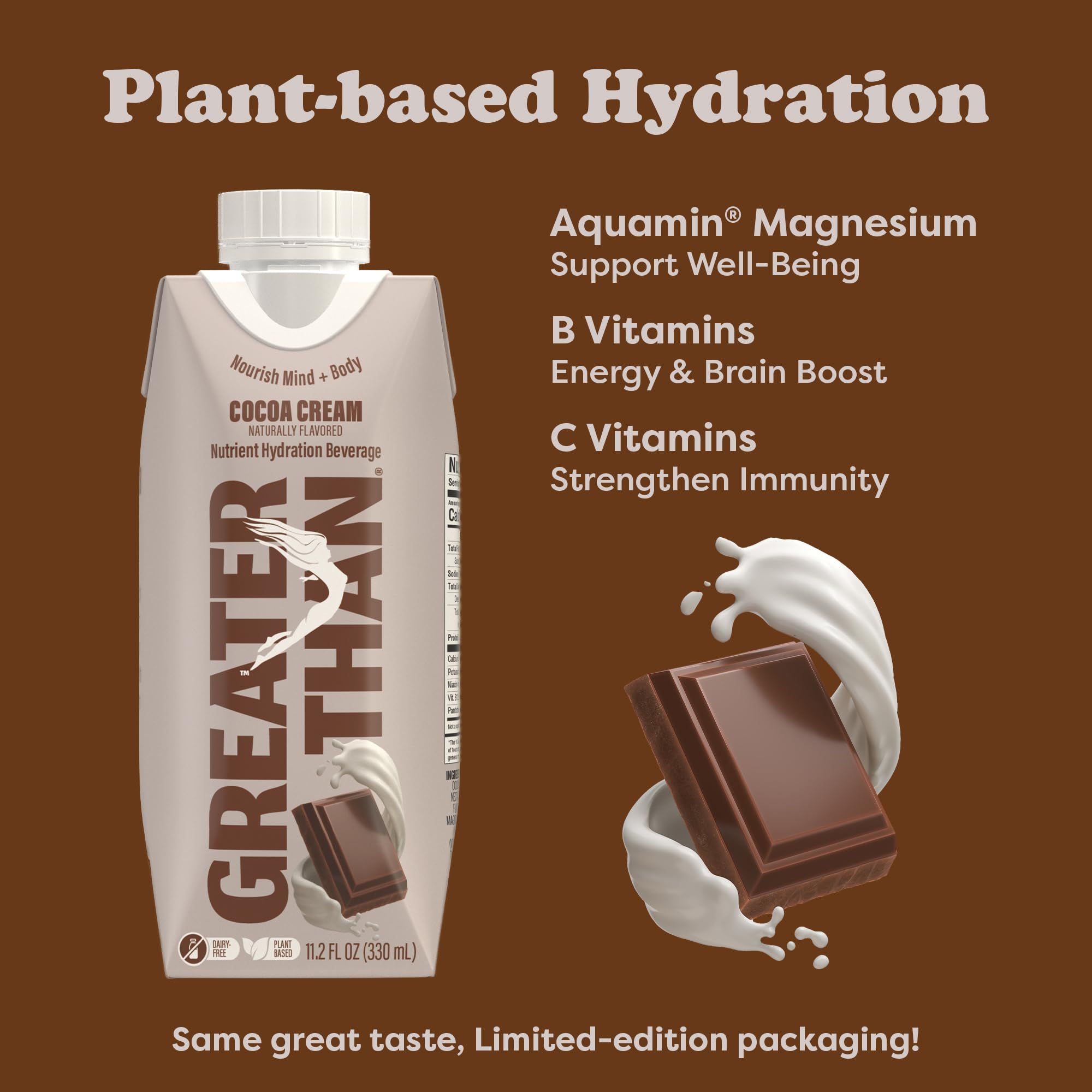 Greater Than cocoa-cream flavor closeup presents dairy-free chocolate-inspired sip.