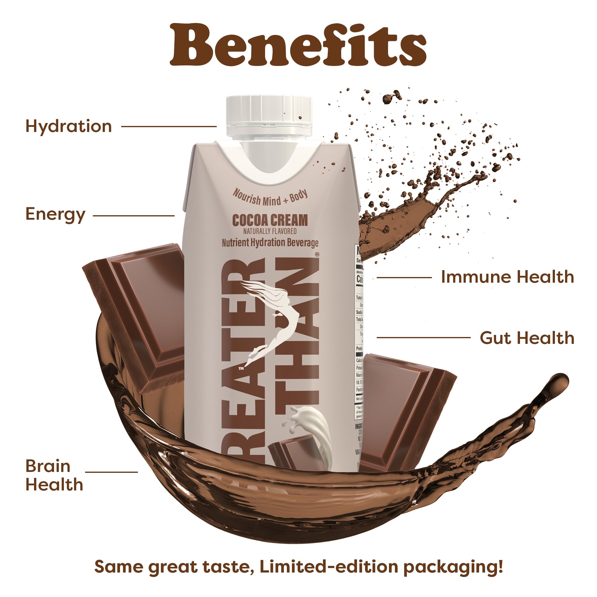 Greater Than Cocoa Cream flavor in glass offers a velvety, dairy-free treat.