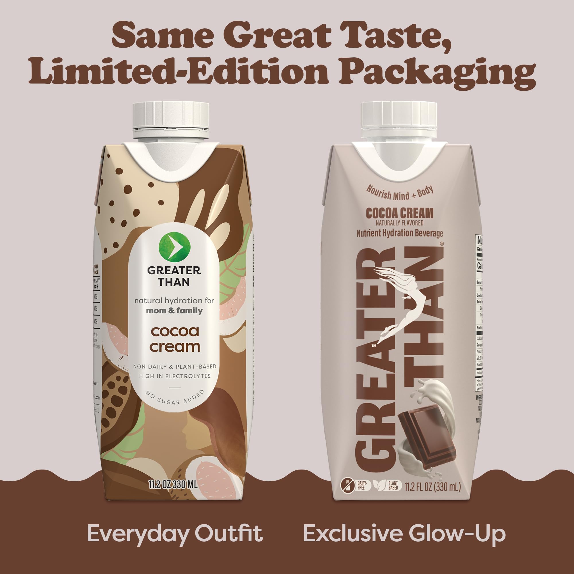 Greater Than Nutrition label closeup highlights real coconut water and minerals.