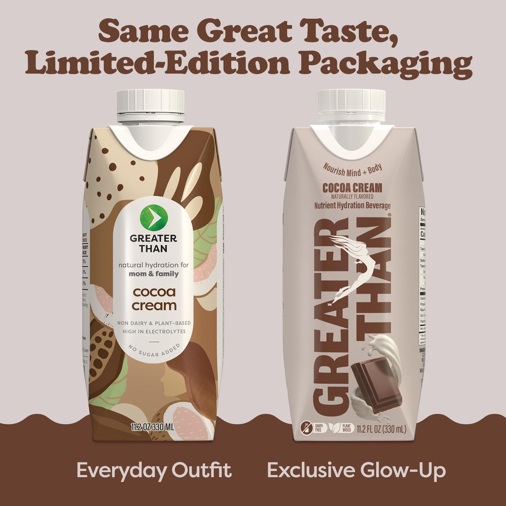 Greater Than Nutrition label closeup highlights real coconut water and minerals.