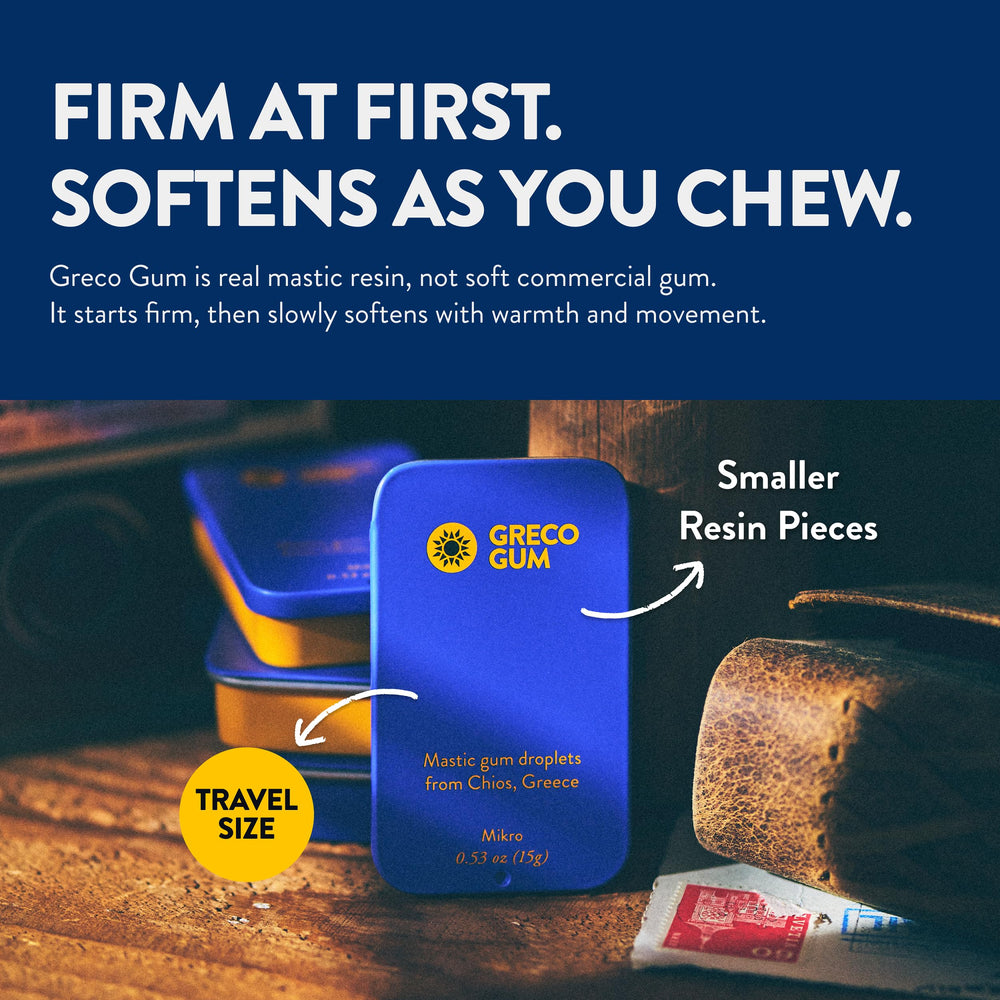 Greco Gum chios mastiha resin drops highlighting bold taste and sustained chew
