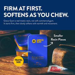 Greco Gum chios mastiha resin drops highlighting bold taste and sustained chew