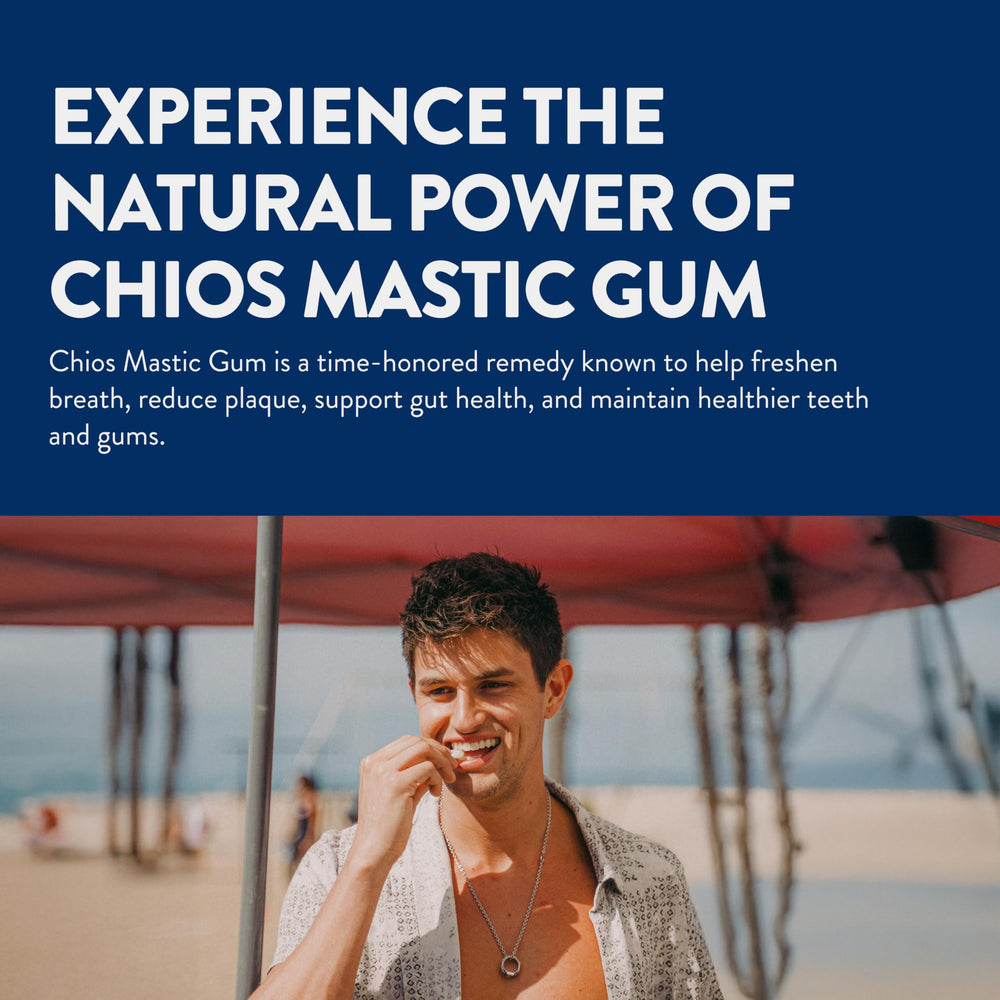 Greco Gum Mastic Droplets ingredients label highlights Chios mastiha resin purity.
