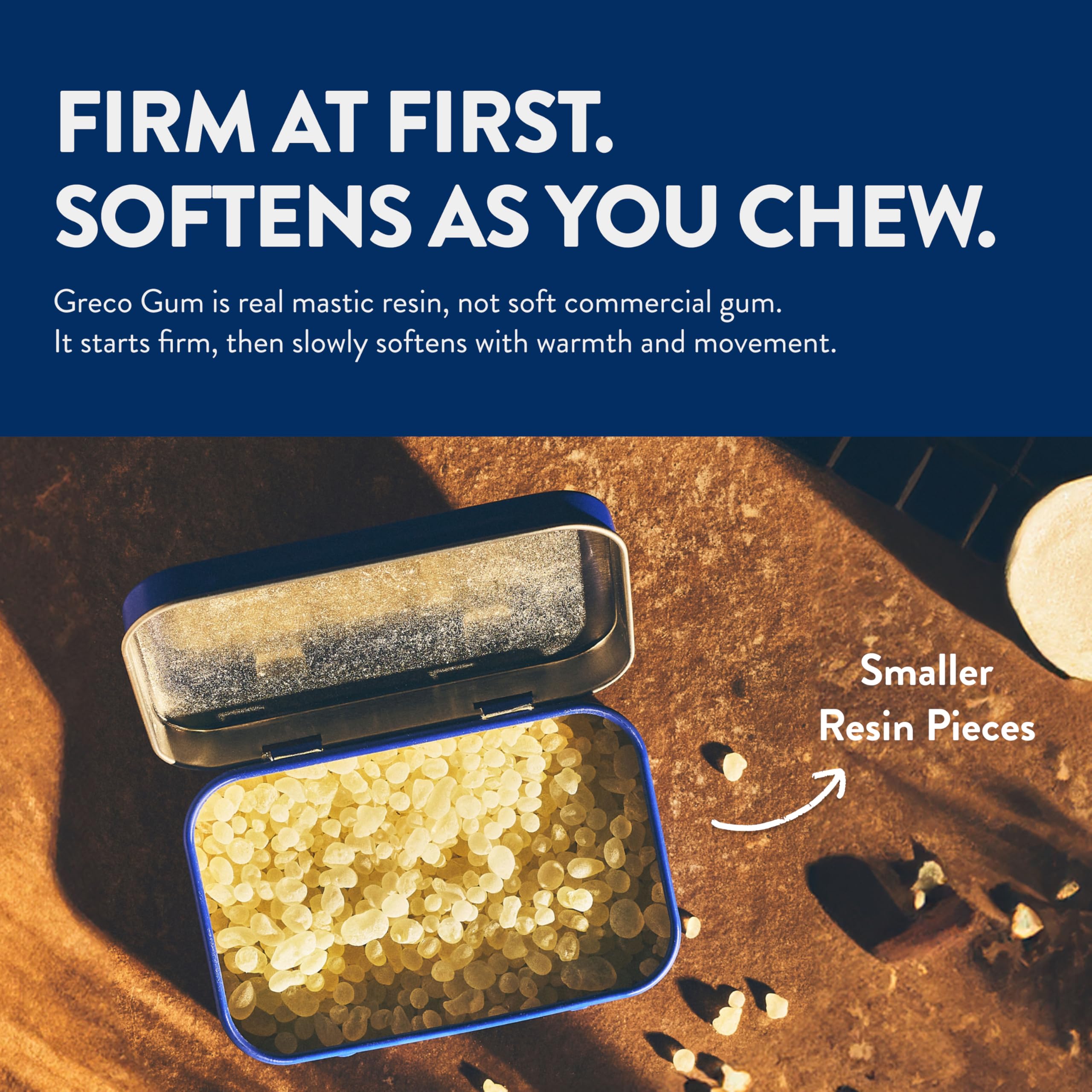 Greco Gum Mastic Droplets pieces texture highlighting hard chew for jaw training.