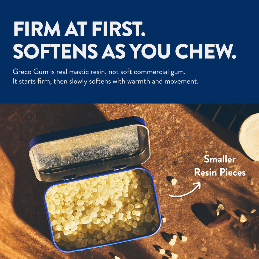 Greco Gum Mastic Droplets pieces texture highlighting hard chew for jaw training.