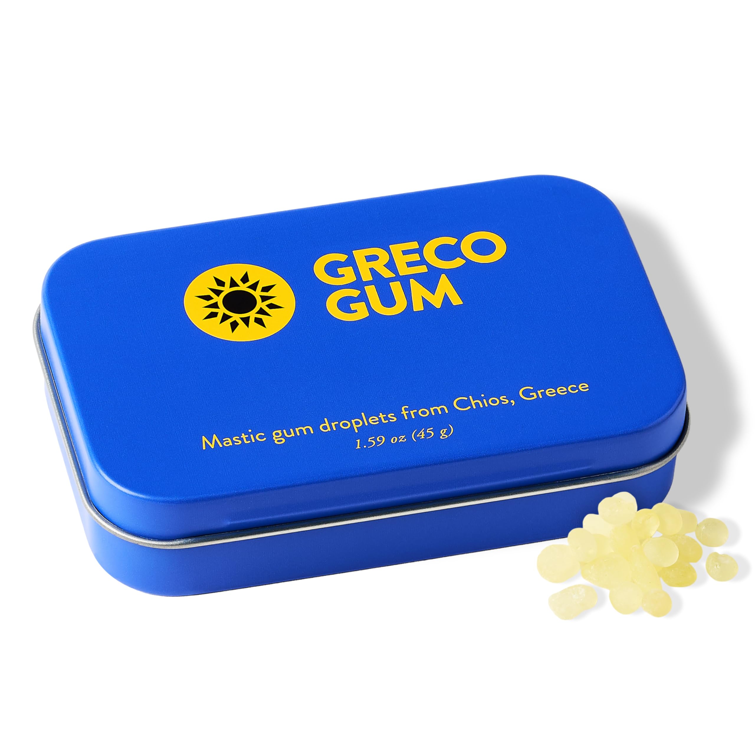 Greco Gum Mastic Droplets tin closeup showing pristine resin pieces for daily use.