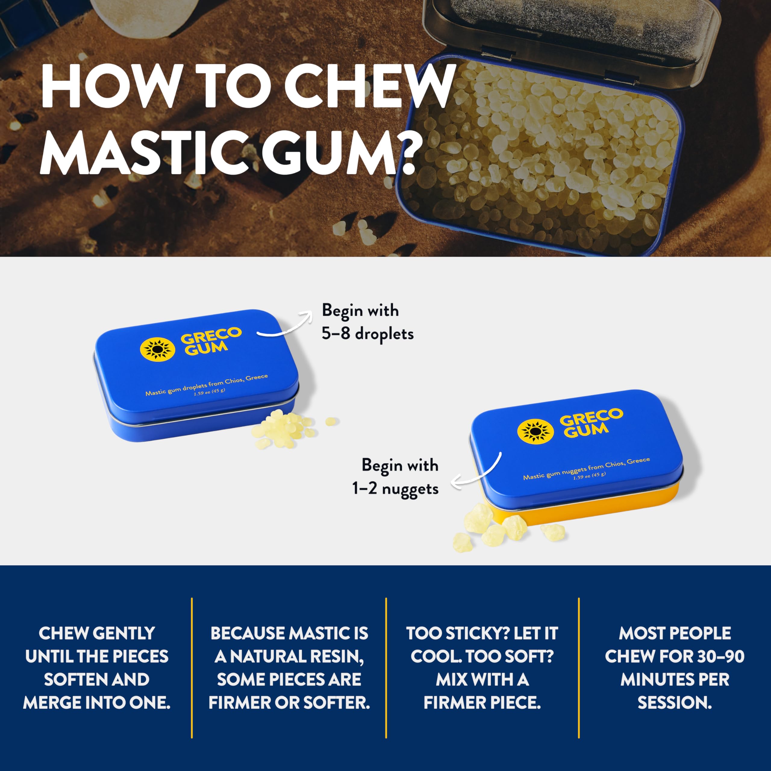 Greco Gum Mastic Droplets tin open reveals natural resin and piney aroma.