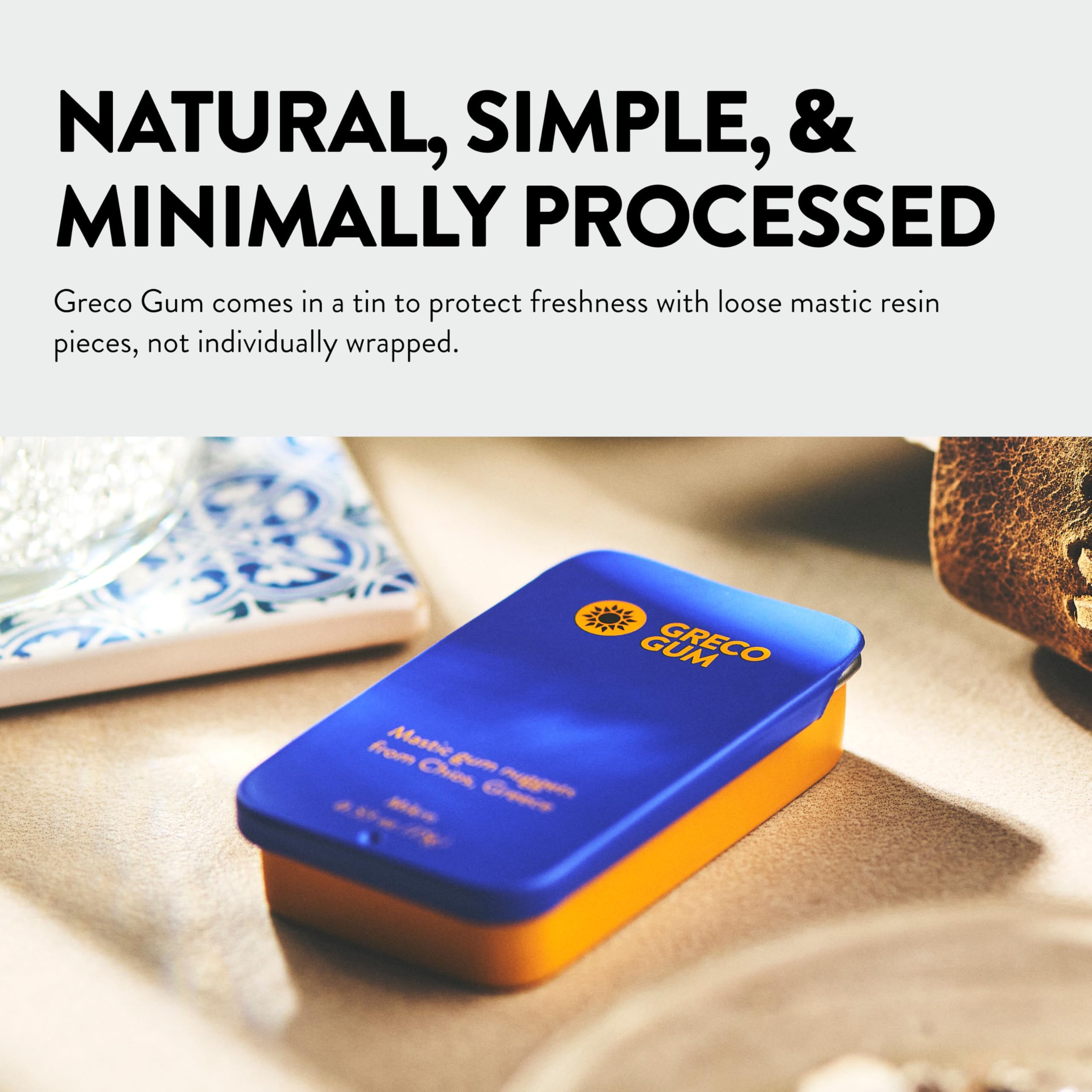 Greco Gum mastic gum nuggets for digestive comfort after meals