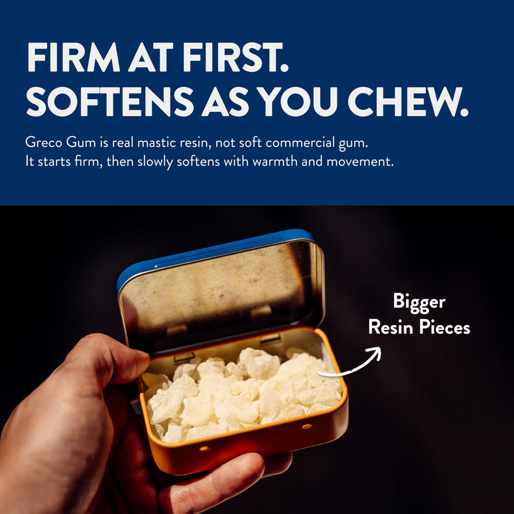 Greco Gum mastic gum nuggets texture detail highlights firm, long-lasting chew