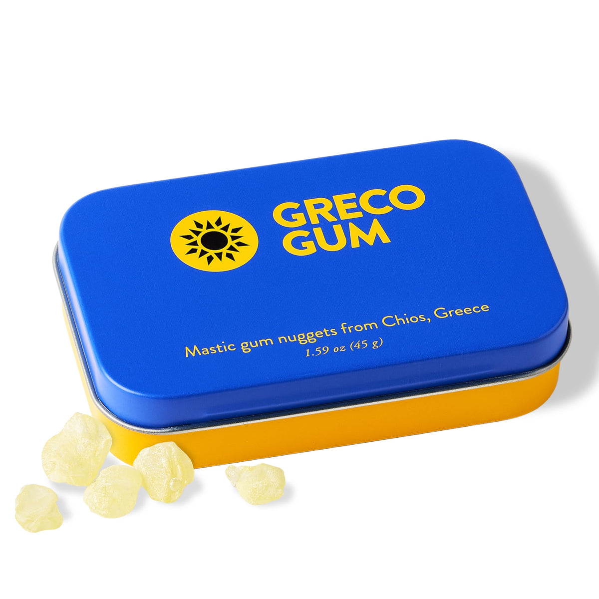 Greco Gum mastic gum nuggets in tin closeup showing natural chewing and fresh breath potential