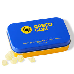 Greco Gum mastic gum nuggets in tin closeup showing natural chewing and fresh breath potential