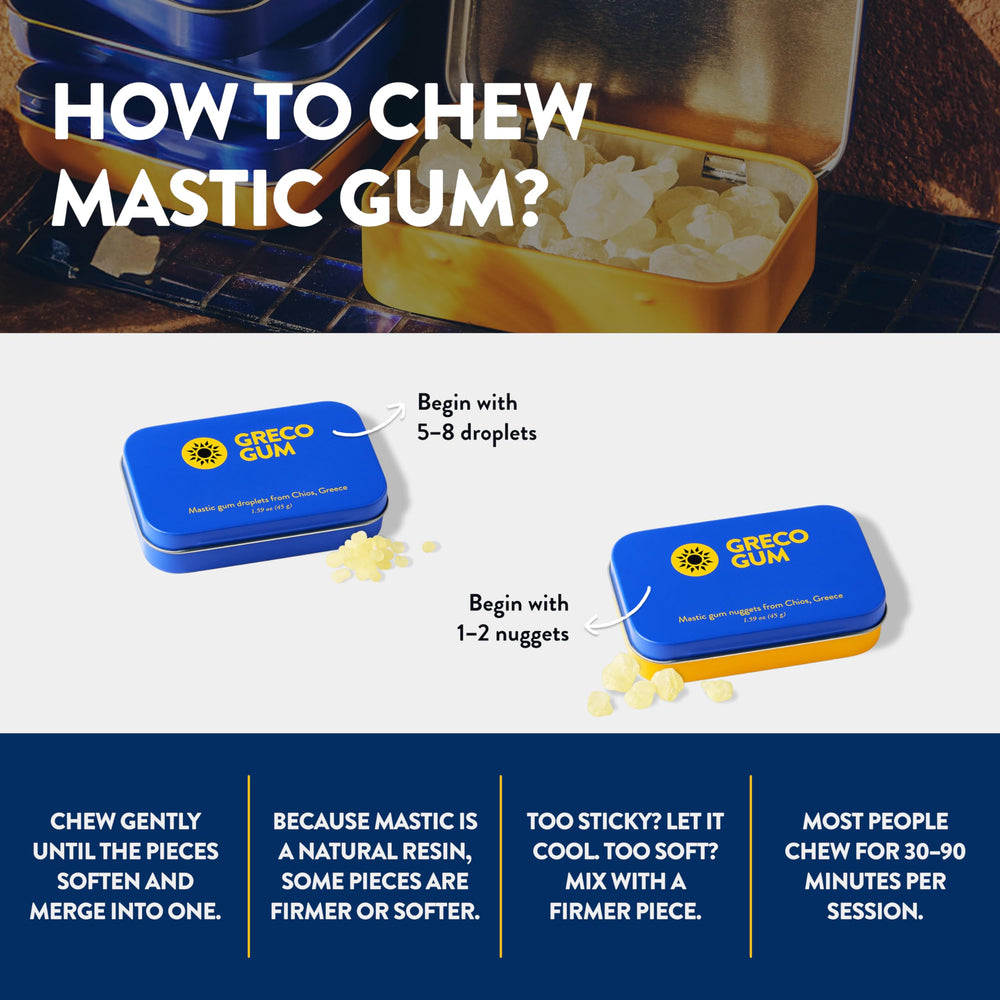 Greco Gum mastic gum nuggets in tin front with compact packaging for on-the-go use