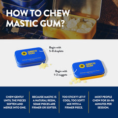 Greco Gum mastic gum nuggets in tin front with compact packaging for on-the-go use