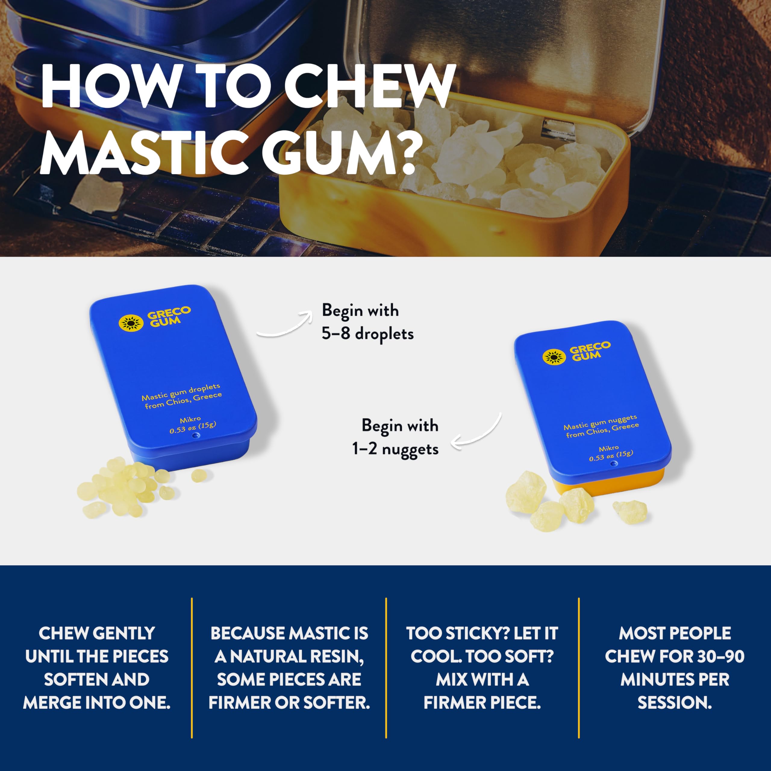 Greco Gum mastic gum nuggets travel tin showing piney flavor on the go