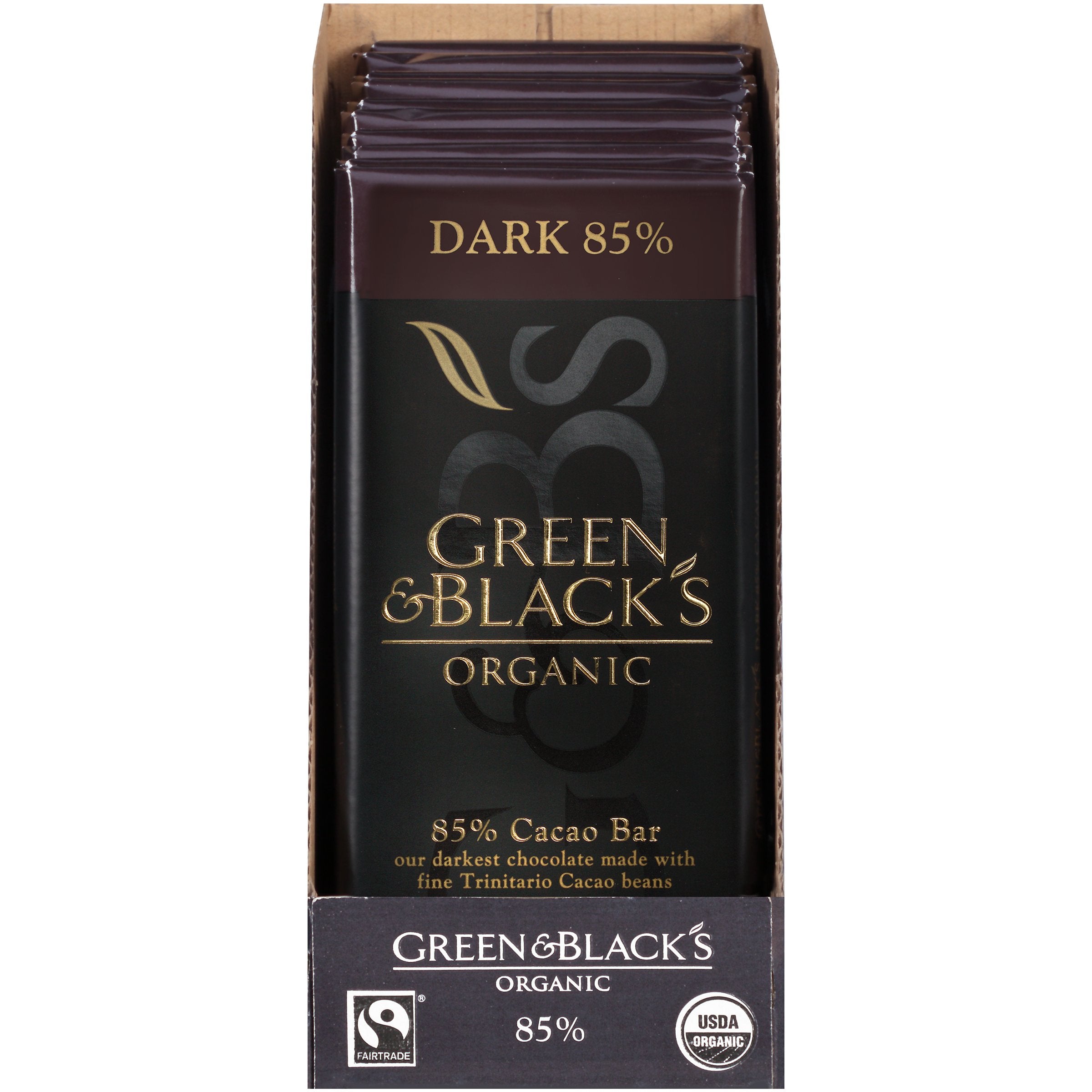 Green & Black's 85% chocolate pack 10 bars, outer box, ideal for gifting or pantry staple.
