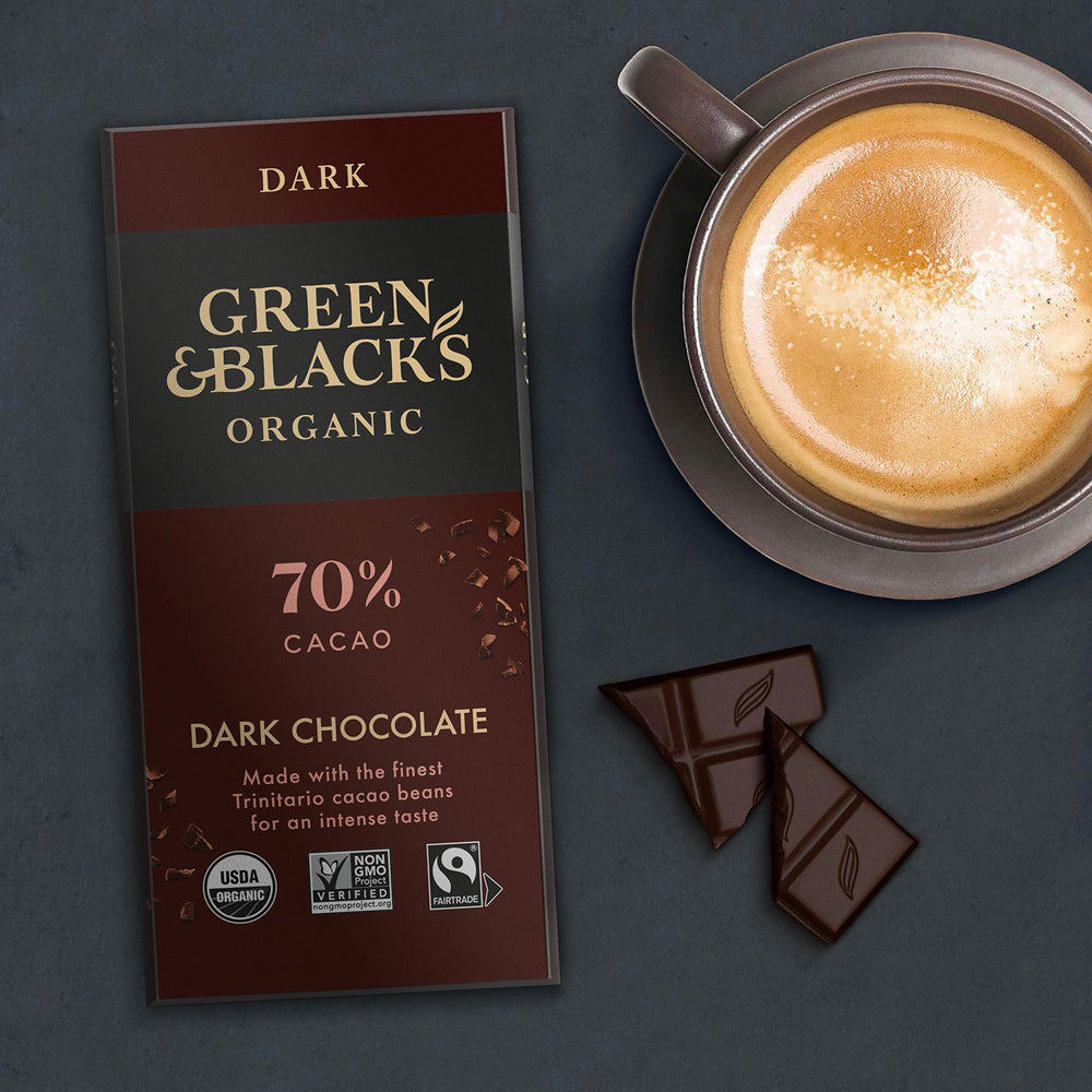 Sliced Green & Black's Organic 70% chocolate reveals deep cacao notes for tasting