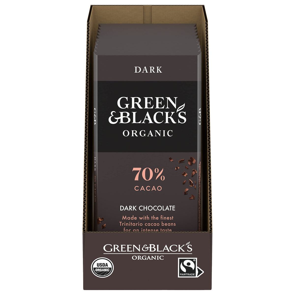 Green & Black's Organic 70% packaging highlighting premium, eco-friendly gift option