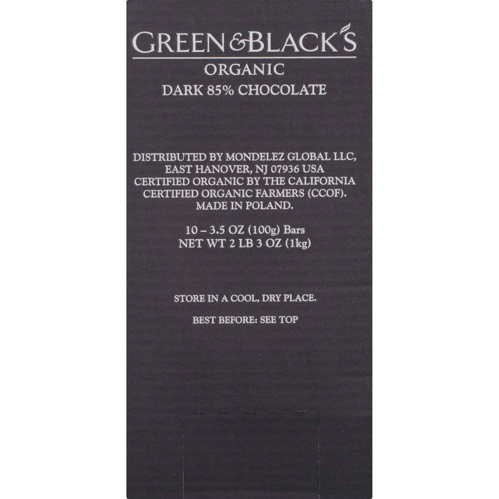 Green & Black's 85% cacao bar emphasizing Trinitario bean flavor notes.