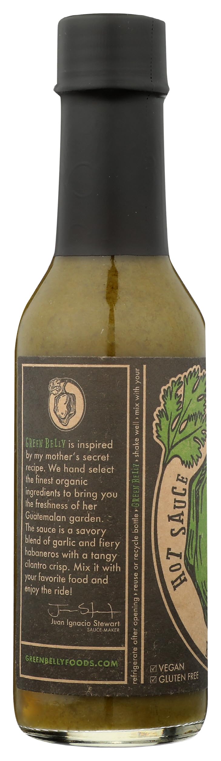 Green Belly Hot Sauce bottle with cilantro, garlic, and vinegar