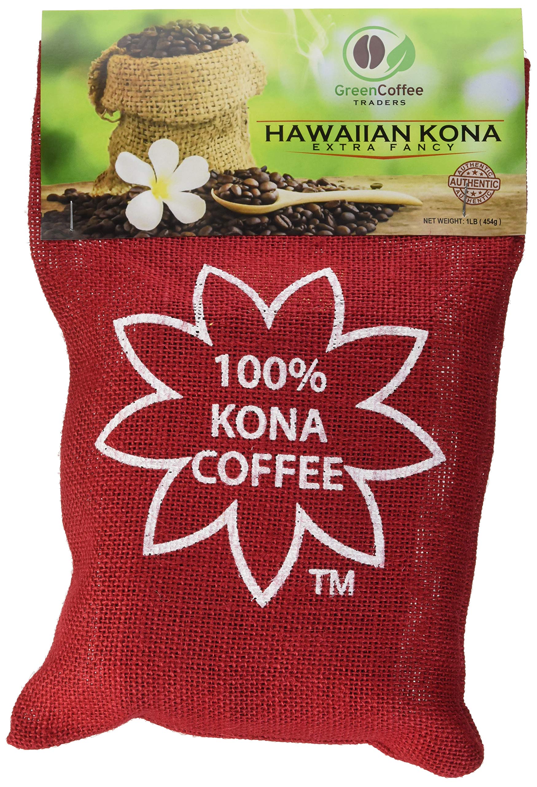 Green Coffee Traders Kona packaging with valve and authenticity seal ensures freshness